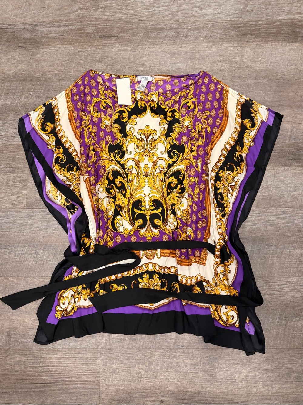 Cache Y2K 95% Silk Baroque Chain Print Kimono Sleeve Blouse Top NWT Size M
